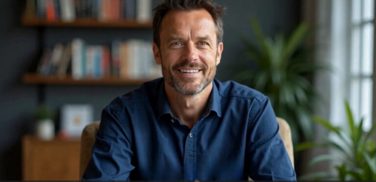 Mann, der seine Schulden abgebaut hat, lächelt in die Kamera